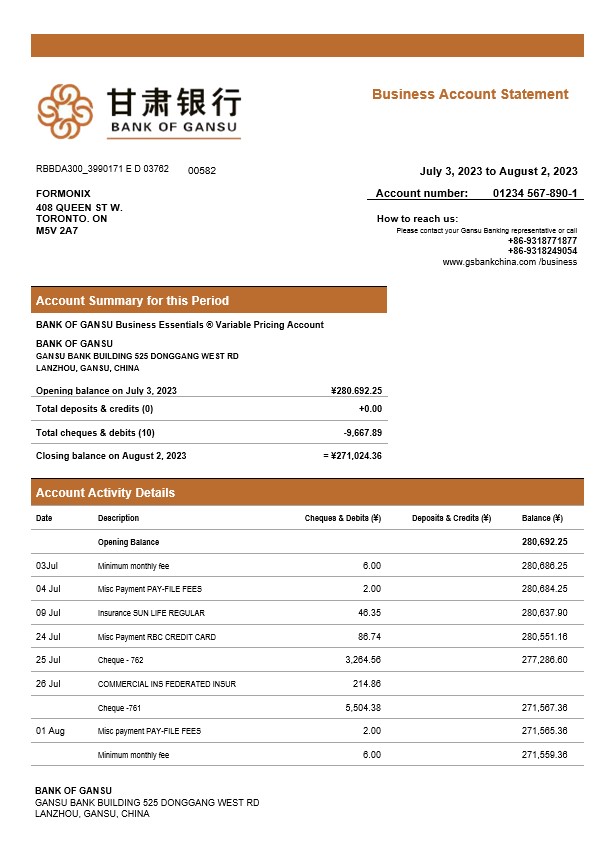 Modèle Word et PDF de relevé de compte courant d'entreprise de la Banque du Gansu